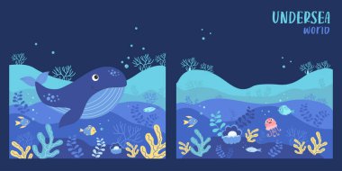 Mavi balina ve deniz yatağı olan tropik kare poster koleksiyonu, sualtı dünyası manzarası, bitkiler, denizanası ve balık, mercanlar, inciler. Tasarım, dekor için şeffaf arkaplan ile vektör illüstrasyonu