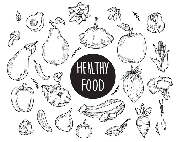 Большой Набор Рисованных Вручную Векторных Рисунков Овощей Фруктов Здоровое Питание — стоковый вектор