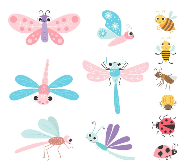 Sammlung Niedlicher Geflügelter Insekten Und Käfer Lustige Figuren Sind Schmetterling — Stockvektor