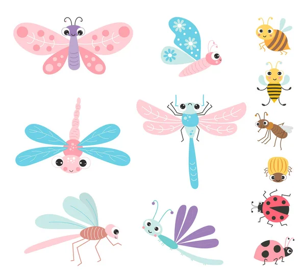 Colección Lindos Insectos Alados Escarabajos Personajes Divertidos Mariposa Libélula Abeja — Vector de stock