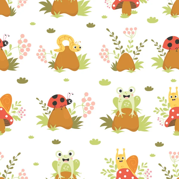 Seamless pattern forest dwellers. Cute snail on mushroom, funny toad, worm and ladybug on stone in grass on white background. Vector illustration with forest characters for kids collection, design