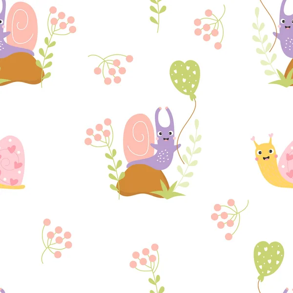 Seamless pattern with cute snails. Funny clam on stone with balloon and happy snail with hearts on white background with berries and decor. Vector illustration. For design, decor, wallpapers, textiles