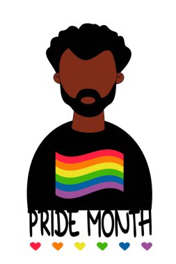 LGBT Pride Month. Black ethnic Gay man with rainbow lgbtq flag wave on t shirt. LGBTQ Symbol. Human rights and tolerance. Vector illustration. Gay parade groovy celebration