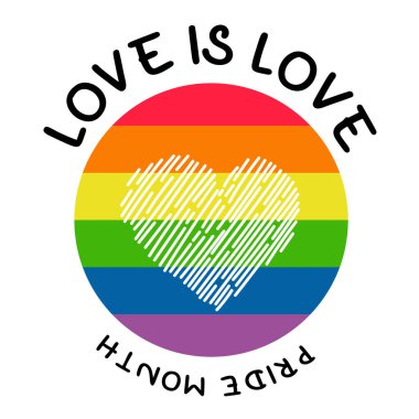 LGBT Pride Month. love is love. LGBTQ Symbol with LGBT pride. Round flag Rainbow colors with heart. Vector illustration. Gay Pride Month, groovy celebration. Flat design signs on white background