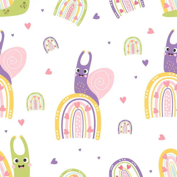 Seamless pattern forest dwellers. Cute snail on mushroom, funny toad, worm and ladybug on stone in grass on white background. Vector illustration with forest characters for kids collection, design