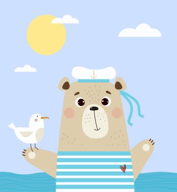 Çizgili yelek ve şapkalı, denizde martı olan sevimli ayı denizci. Vektör çizimi. Çocuk koleksiyonu, tasarım, baskı, çocuk odası dekorasyonu ve tebrik kartları için hayvanlarla dolu yaz posteri 