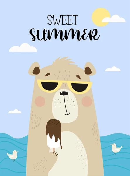 氷のクリームを食べるサングラスで海でかわいいクマ ベクトルイラスト ポスター 子供のための動物と甘い夏のコレクション デザイン 寝室や保育室の装飾やグリーティングカード — ストックベクタ