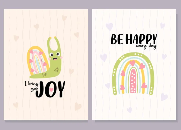 Postcard Set Cute Happy Snail Decorative Rainbow Positive Slogans Bring — Stock Vector