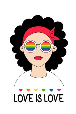Gökkuşağı gözlüklü tatlı lezbiyen kız. LGBT Gurur Ayı. Aşk aşktır. LGBTQ gökkuşağı renklerinde gurur bayrağı. İnsan hakları ve hoşgörü. Vektör. LGBT sembollü dikey tatil posteri