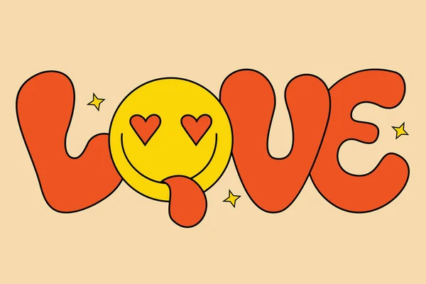 Cute Lettering Love Groovy Style Positive Retro Hand Written Love — Stock Vector