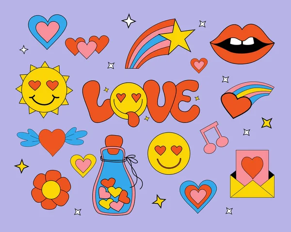 Σύνολο Από Ρετρό Groovy Στοιχεία Χαριτωμένο Funky Hippy Αυτοκόλλητα Αγάπη — Διανυσματικό Αρχείο