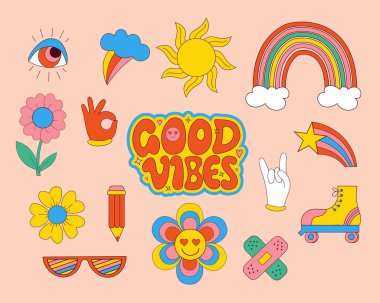 Retro 70 'lerin modaya uygun elementleri, şirin hippi çıkartmaları ve Good Vibes' ın motivasyon sloganı. Vector el drdawn psychedelic clipart. İzole edilmiş çizgi film pozitif semboller 