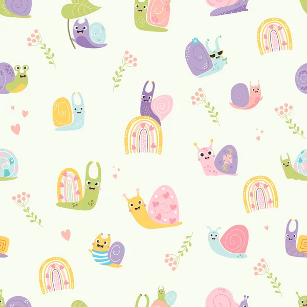Seamless pattern with cute snails. Decorative insects happy clams with hearts, rainbow and cocktail on white background. Vector illustration. For kids collection design, decor, wallpaper, textile