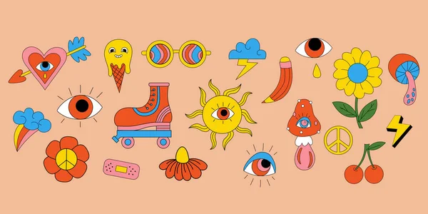 Retro 70 'ler havası, hippi çıkartmaları, psikedelik moda elementler. Çizgi film funky çiçekler ve mantarlar, eski moda paten, gökkuşağı, klasik hippi tarzı element. Vektör izole edilmiş pozitif semboller.