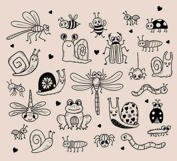 Conjunto Vetores Doodles Insetos Fofos Desenho Manual Linear Personagens Decorativos — Vetor de Stock