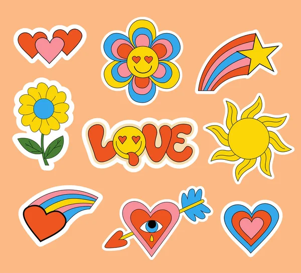 70 'lerin nostaljisi, çıkartmaları, rozetleri, izole edilmiş moda elementleri, emoticonlar ve sloganı 