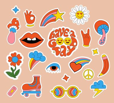 Şirin hippi çıkartmaları. 70 'lerin modası geçmiş 80' lerin modası. Motivasyon harfleri. İyi günler. Vector clipart vinppy style, çizgi film funky mushroos, çiçek gücü, paten