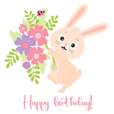 Büyük bir buket çiçekli, uğur böceğiyle sevimli, neşeli bir tavşan. Vektör çizimi. Doğum günün kutlu olsun tebrik kartı. Bunny karakteri Tasarım, dekor, baskı, kartpostallar için.