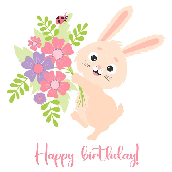 Cute Joyful Rabbit Big Bouquet Flowers Ladybug Vector Illustration Greeting — Stock Vector