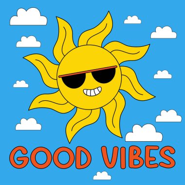 Komik çizgi film karakteri. Havalı elementler, bulutlu, koyu gözlüklü, ürkütücü güneş. Vektör illüstrasyon modası eski çizgi film stili. İyi titreşimler. Etiket, kare poster, kart için komik öge