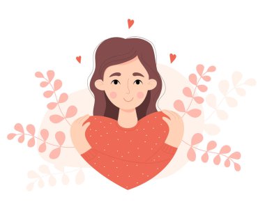 Kalp şeklinde şirin, güzel bir kız. Kendine dikkat et, kendini sev. Omuzlarını kucaklayan mutlu bir kadın. Vektör çizimi. Kartpostal için sevimli kadın karakter, Sevgililer Günü, Uluslararası Kadınlar Günü