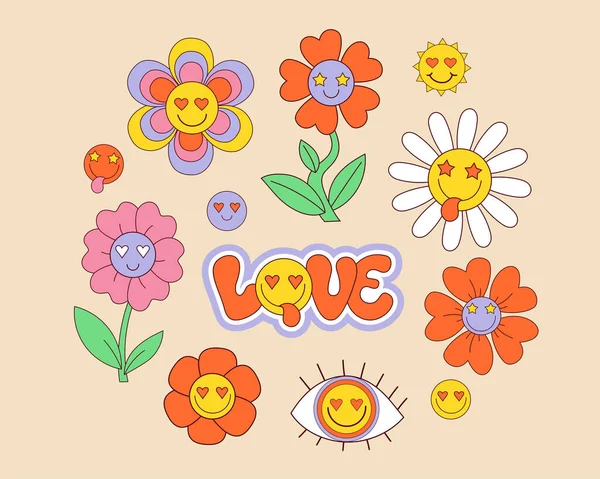 Retro 70S Groovy Elements Cute Funky Hippy Stickers Cartoon Daisy — Stock Vector