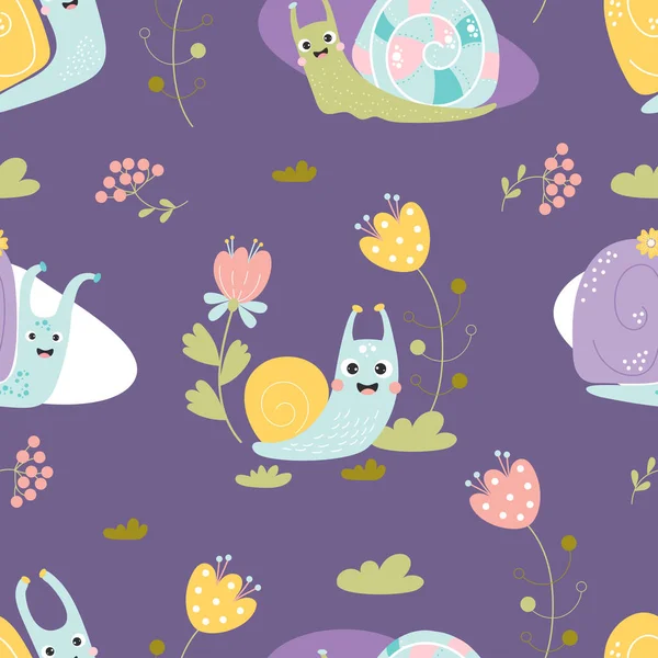 Seamless pattern with cute snails. Insects molluscs with flowers and grass on purple background. Vector illustration. Funny animals for kids collection design, decor, wallpaper, textiles, packaging 