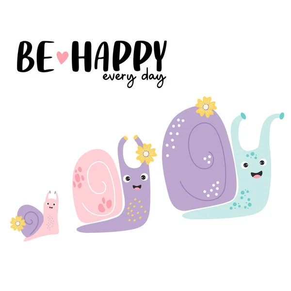 Happy Every Day Postcard Family Cute Happy Snails Dad Mom — Vector de stock