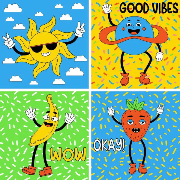 Divertidos Personajes Dibujos Animados Groovy Elementos Funky Tierra Sol Plátano — Vector de stock