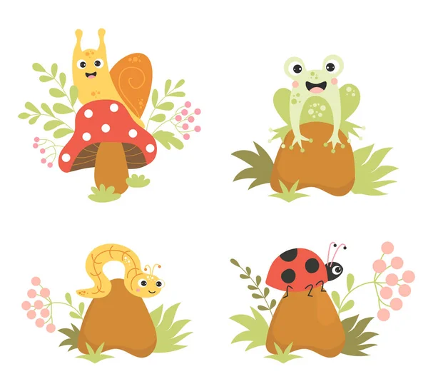 Collection Forest Insects Cute Snail Fly Agaric Mushroom Happy Frog — Vector de stock