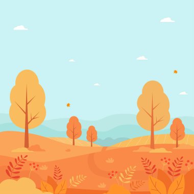 Dikey sonbahar posteri. Güzel sonbahar doğası, park, tepeler ve tarlalar, sonbahar manzarası ağaçlar ve bitkilerle, ufuk ve gökyüzü bulutlarla ve düşen sonbahar yapraklarıyla. Vektör illüstrasyonu