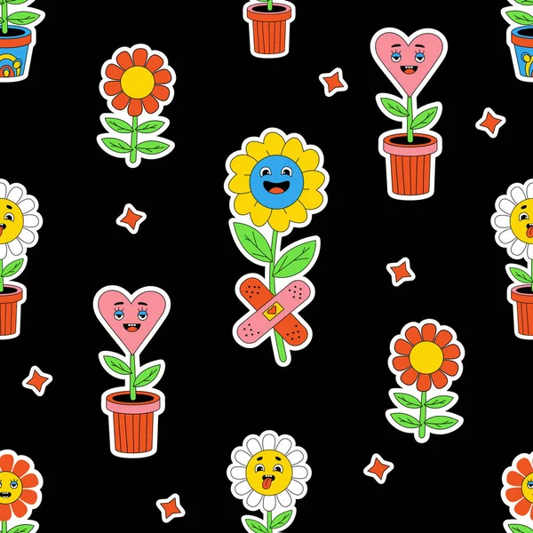 Floral Retro Seamless Pattern Groovy Elements Stickers Cartoon Characters Faces — Archivo Imágenes Vectoriales
