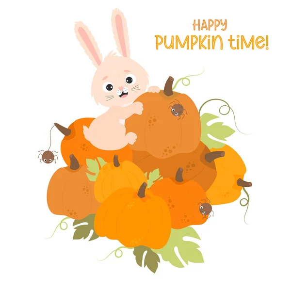 Autumn Poster Happy Cute Rabbit Sits Huge Pile Pumpkins Harvesting — Stockvektor