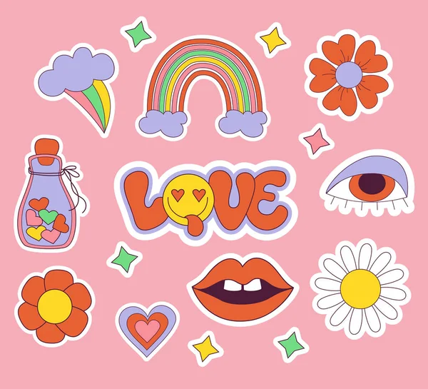 Set Love Stickers Retro Groovy Elements Cute Funky Hippy Cute —  Vetores de Stock