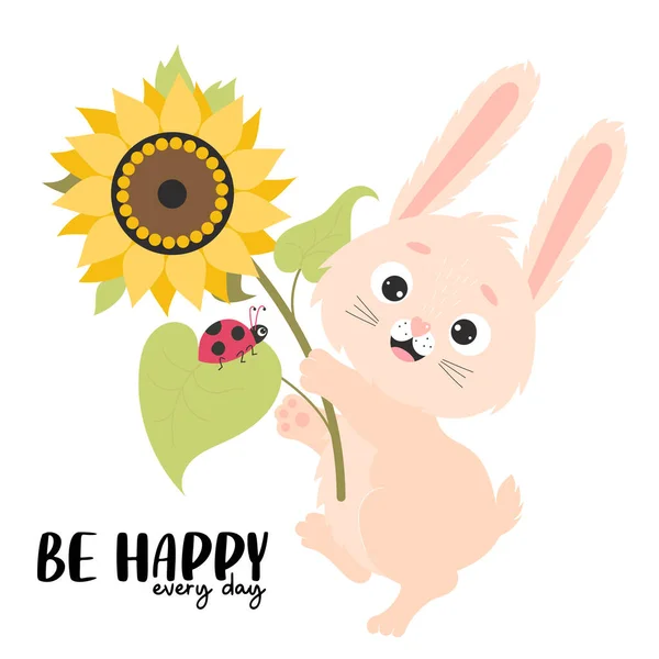 Happy Bunny Yellow Sunflower Flower Ladybug Positive Poster Happy Every — Vector de stock