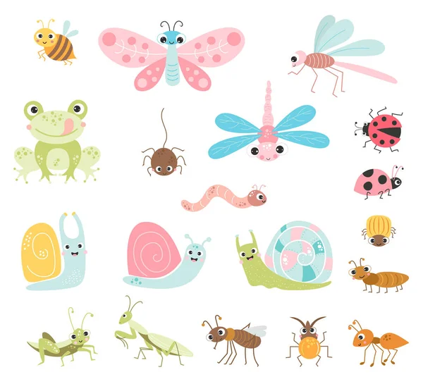 Conjunto Vectorial Insectos Lindos Personajes Divertidos Insectos Escarabajos Artrópodos Invertebrados — Archivo Imágenes Vectoriales