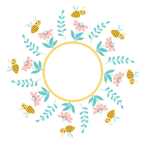 Floral Κάρτα Στρογγυλό Πλαίσιο Χαριτωμένο Μέλισσα Λουλούδι Και Φυτά Εικονογράφηση — Διανυσματικό Αρχείο