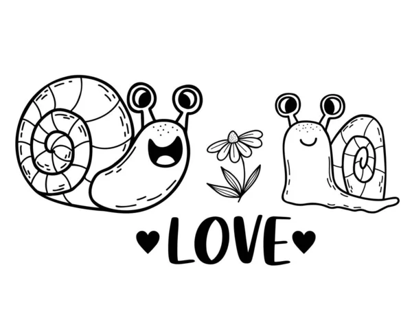 Pair Cute Snails Love Flower Word Love Linear Hand Drawn — Stock Vector