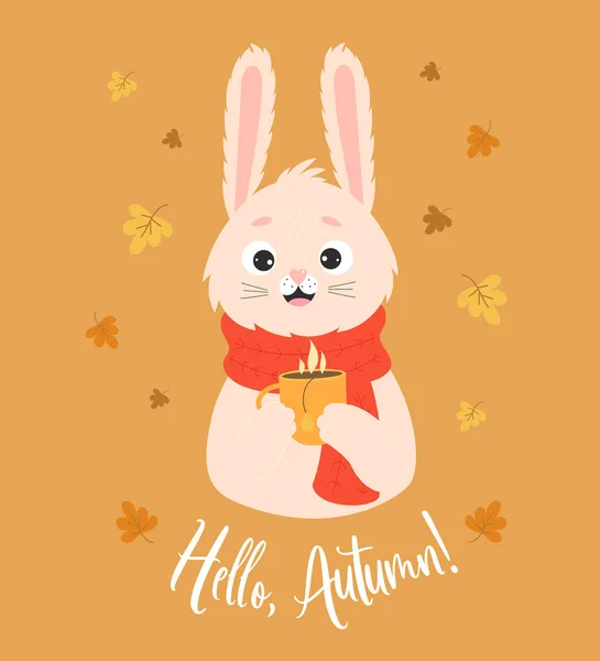 Autumn Poster Happy Rabbit Knitted Scarf Cup Hot Tea Background – stockvektor