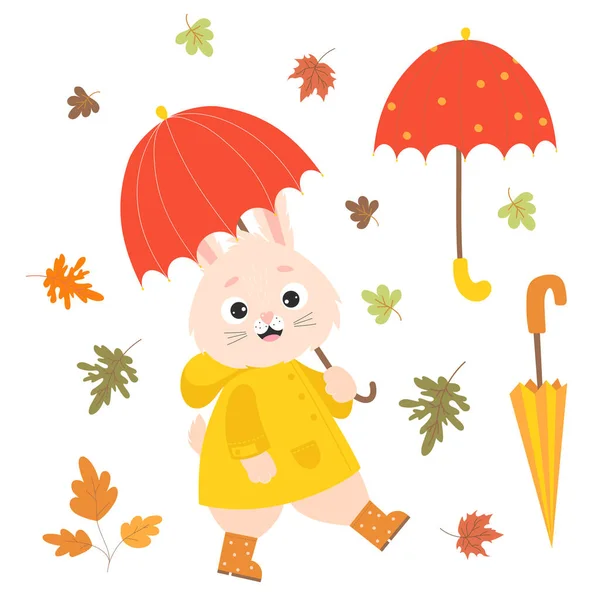 Autumn Set Cute Rabbit Raincoat Rubber Boots Umbrella Falling Autumn — Vector de stock