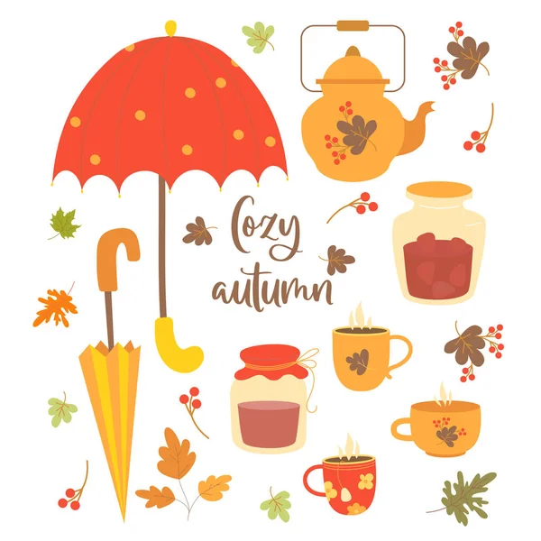Gemütlicher Herbst Köstliche Erdbeermarmelade Glas Teekanne Tassen Und Heißem Tee — Stockvektor