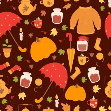 Sonbahar pürüzsüz desen. Sıcak, örgü süveter ve çoraplar, bir kavanoz reçel, fincan ve çaydanlık, sıcak çay, bir şemsiye ve sonbahar yapraklı balkabağı. Vektör illüstrasyonu