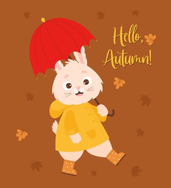 Sonbahar posteri. Yağmurluk giymiş mutlu bir tavşan ve şemsiyenin altında düşen sonbahar yapraklarının arka planına karşı lastik botlar. Merhaba, Autumn. Vektör çizimi. Kartlar ve tasarım için sonbahar karakter tavşanı