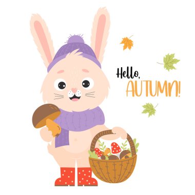 Mutlu tavşan mantarı toplayıcıları. Merhaba sonbahar posteri. Mantarlı, hasır sepetli ve sonbahar yapraklı şirin bir tavşan. Çocuk koleksiyonu, kartpostal, tasarımlar, dekorasyonlar için vektör illüstrasyonu