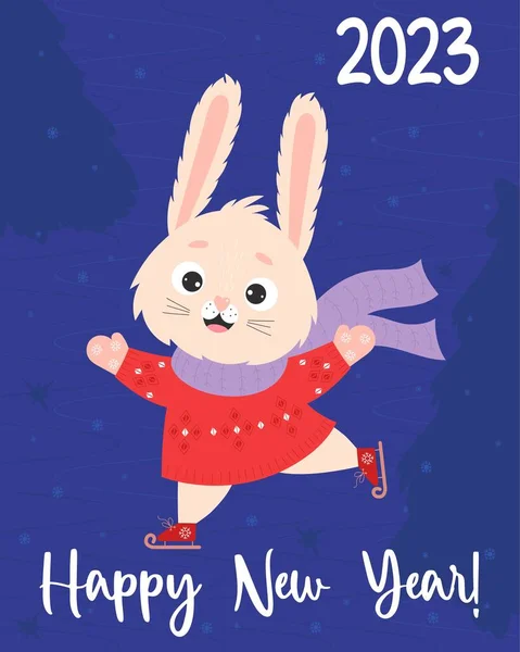 2023 Happy New Year Poster Happy Cute Rabbit Skating Bunny — Stock Vector