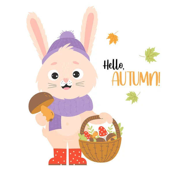 Happy Hare Mushroom Picker Poster Hello Autumn Cute Rabbit Rubber — Stockvektor