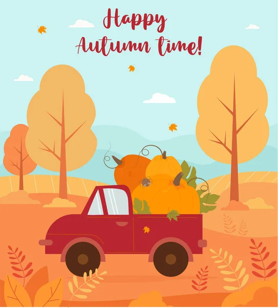 Herbstplakat Mit Kürbiswagen Herbst Erntewagen Vor Dem Hintergrund Der Herbstlichen — Stockvektor