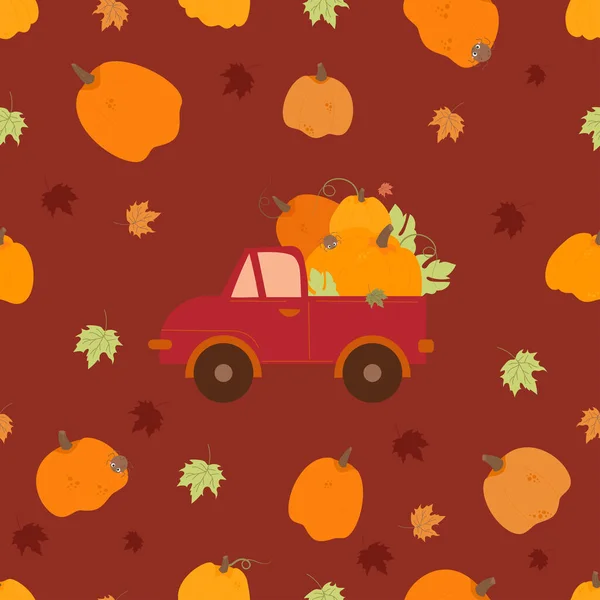 Seamless Pattern Pumpkin Truck Autumn Truck Harvest Vegetables Burgundy Background — Archivo Imágenes Vectoriales