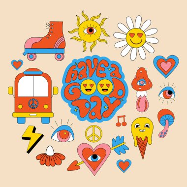 Şirin hippi çıkartmaları. 70 'lerin modası geçmiş 80' lerin modası. Motivasyon sloganı: 