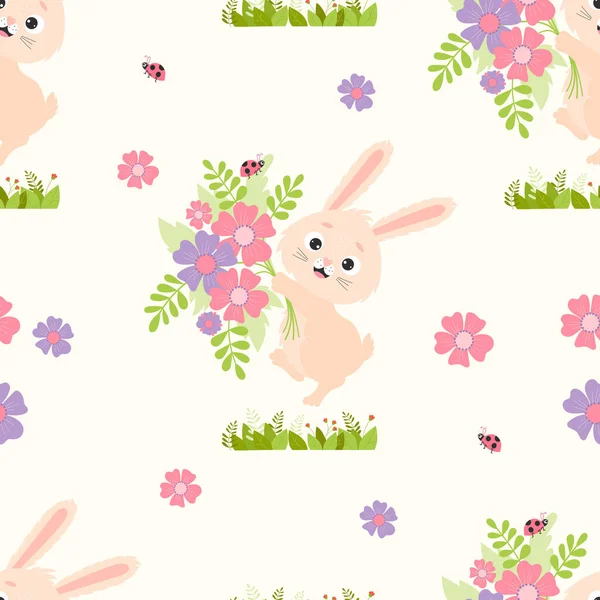Seamless Rabbit Pattern Cute Bunny Bouquet Ladybug White Background Flowers — Vector de stock